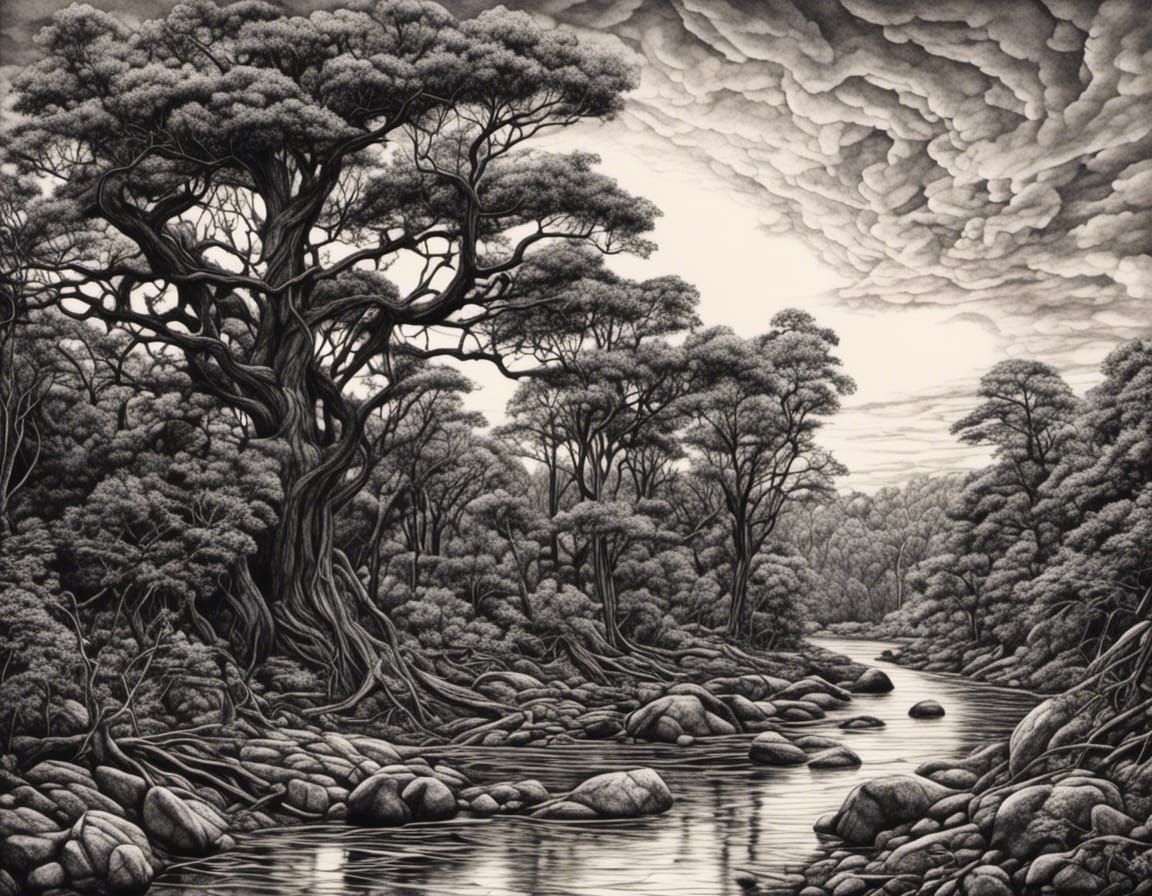 Hyperrealistic Noir Drawing of a Natural Landscape