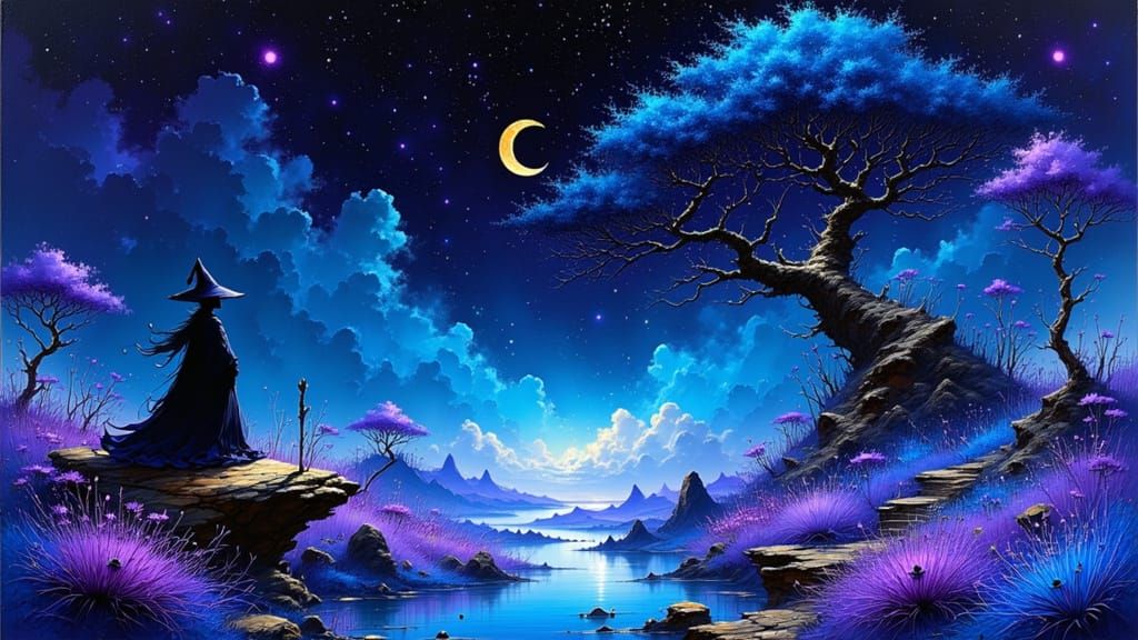 Kaleidoscopic Landscape with Shadowy Wizard