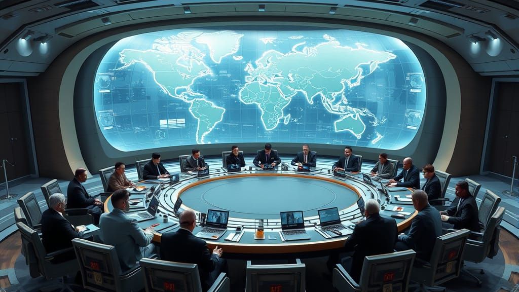 Experts Converse Around a Futuristic Round Table in a High-T...