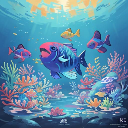 Exotic Fishes in Colorful Coral Reef, 3D Anime Art