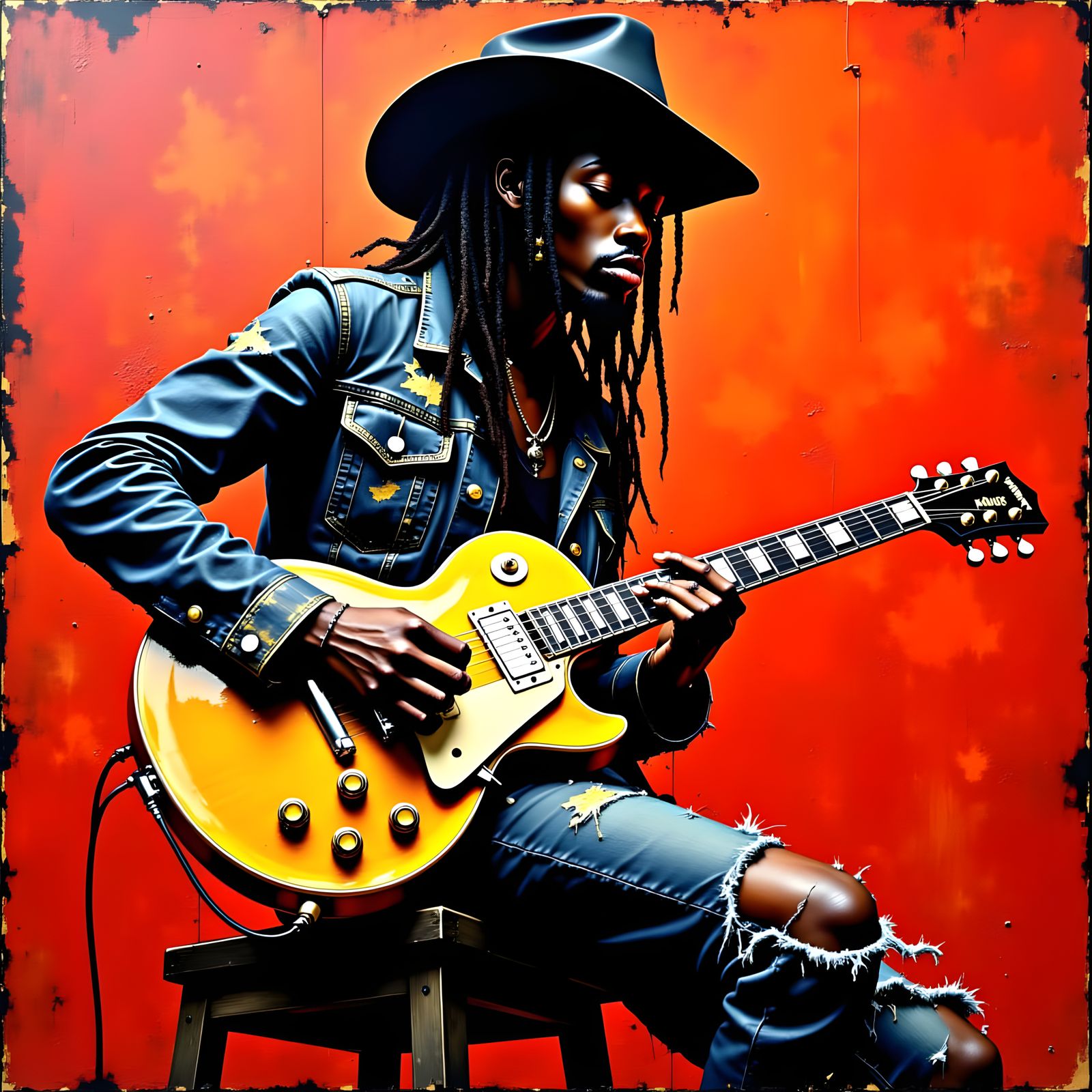 Blues Guitarist in Impasto Style With Red Backdrop