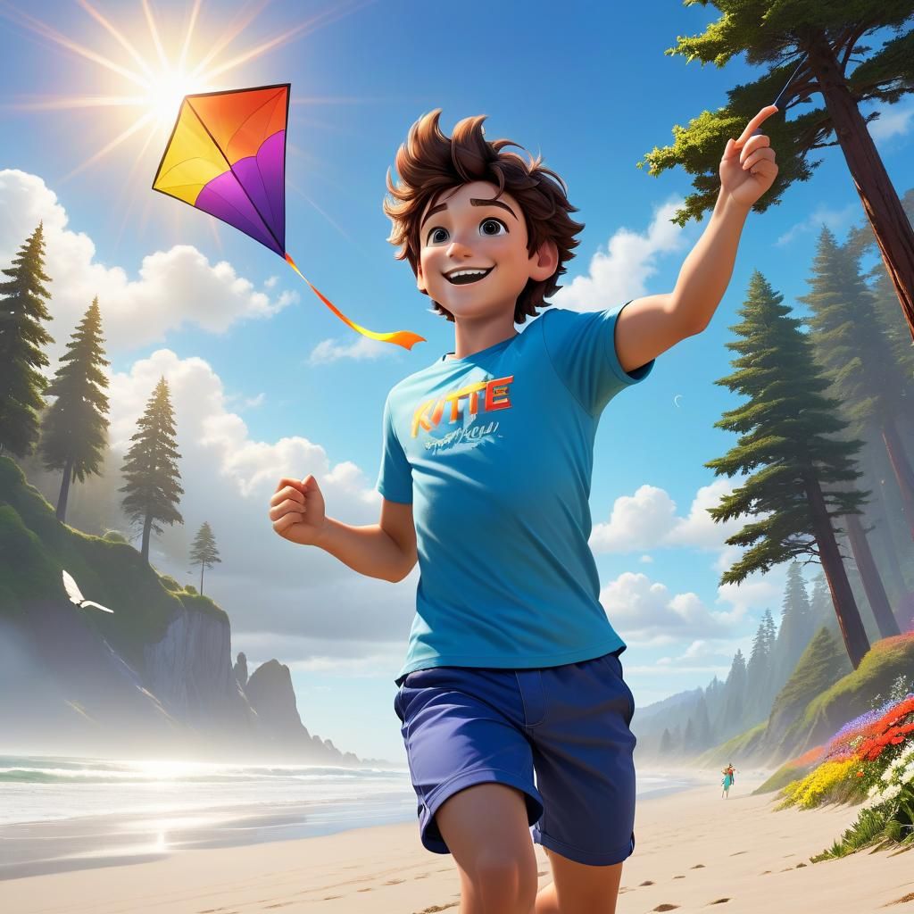Boy Flying Kite on Beach: 3D Digital Art