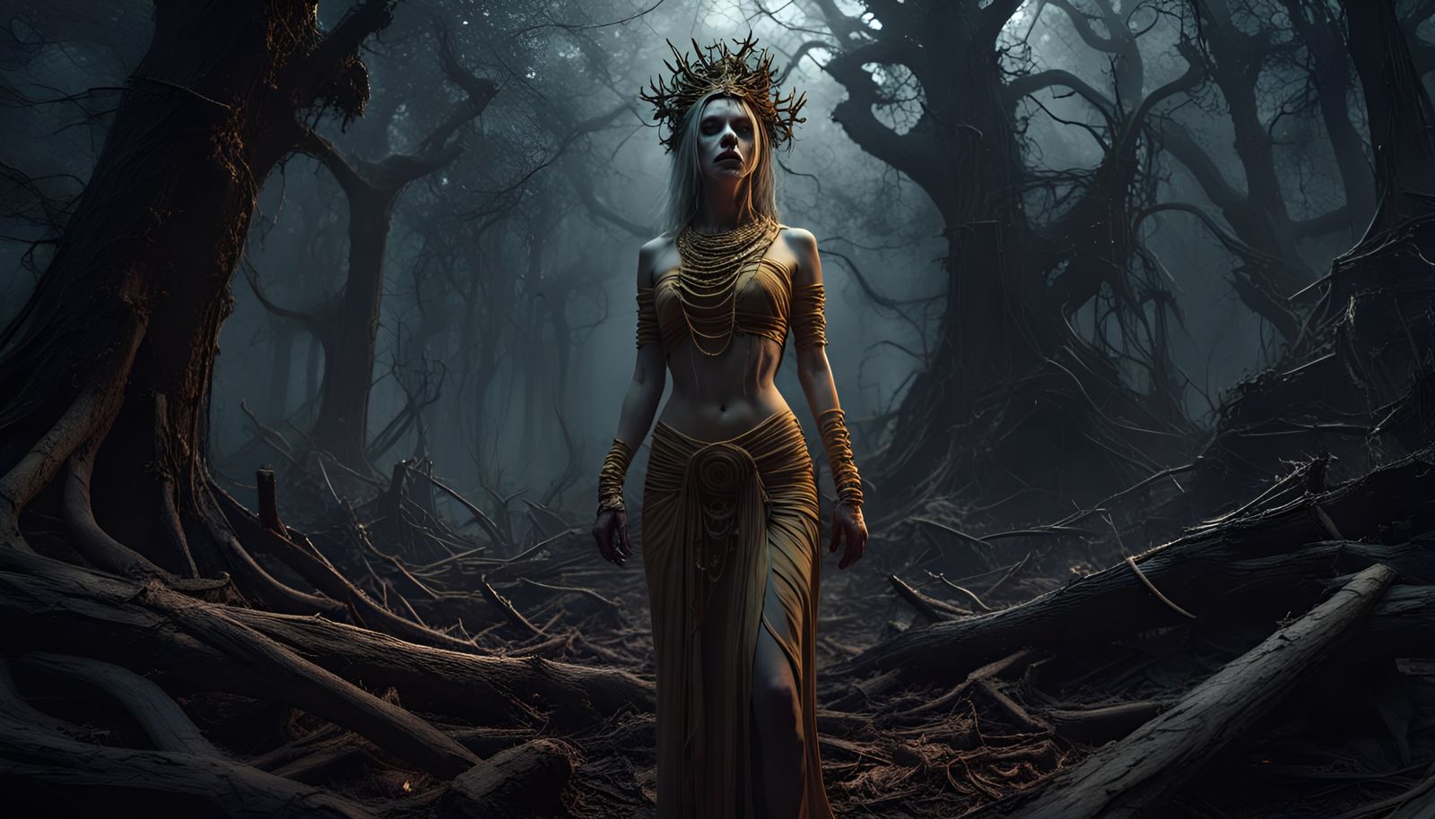 Goddess Kali in Dark Forest Horror Scene