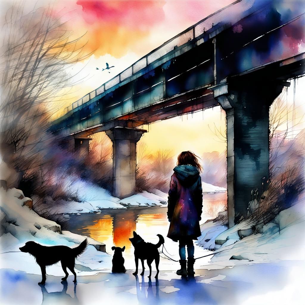 Digital Watercolor: Homeless Girl in Winter City