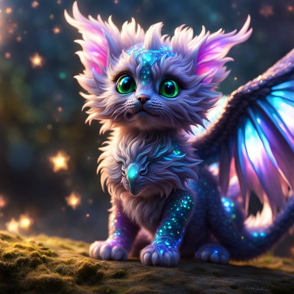 Adorable Winged Dragon Kitten in a Fantasycore Style