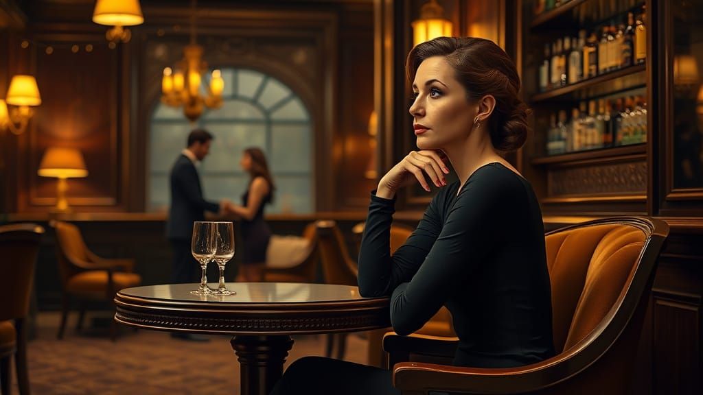 Elegant Woman Lost in Thought in Warmly Lit Bar