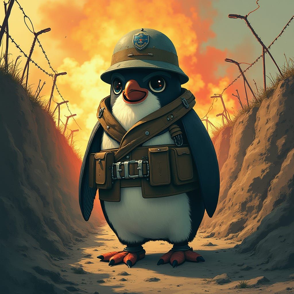 Penguin Soldier in Dystopian Wartime Trench