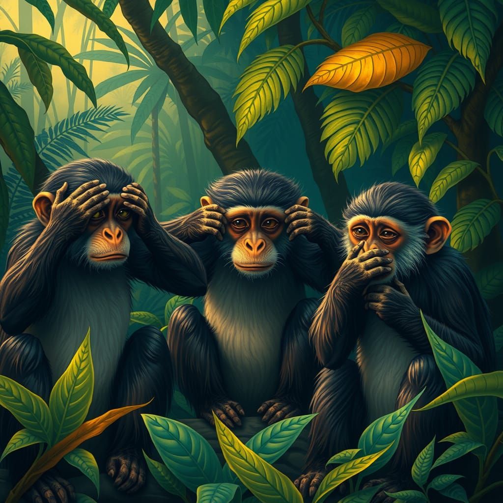 Three Wise Monkeys in Jungle, Naive Art Style