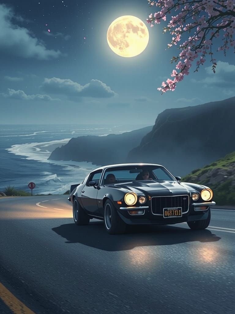 1971 Camaro on Coastal Highway Under Full Moon Anime Style