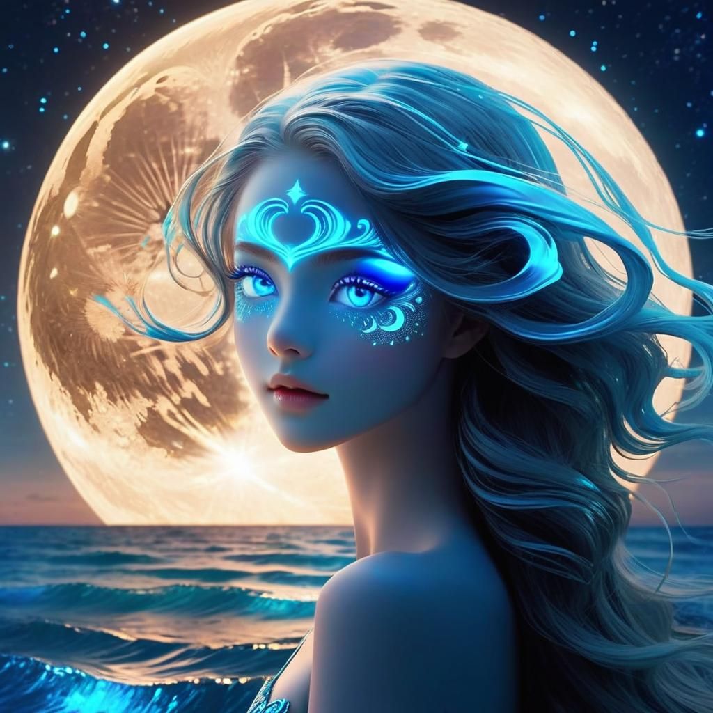 Crescent Moon Face with Luminous Blue Eyes