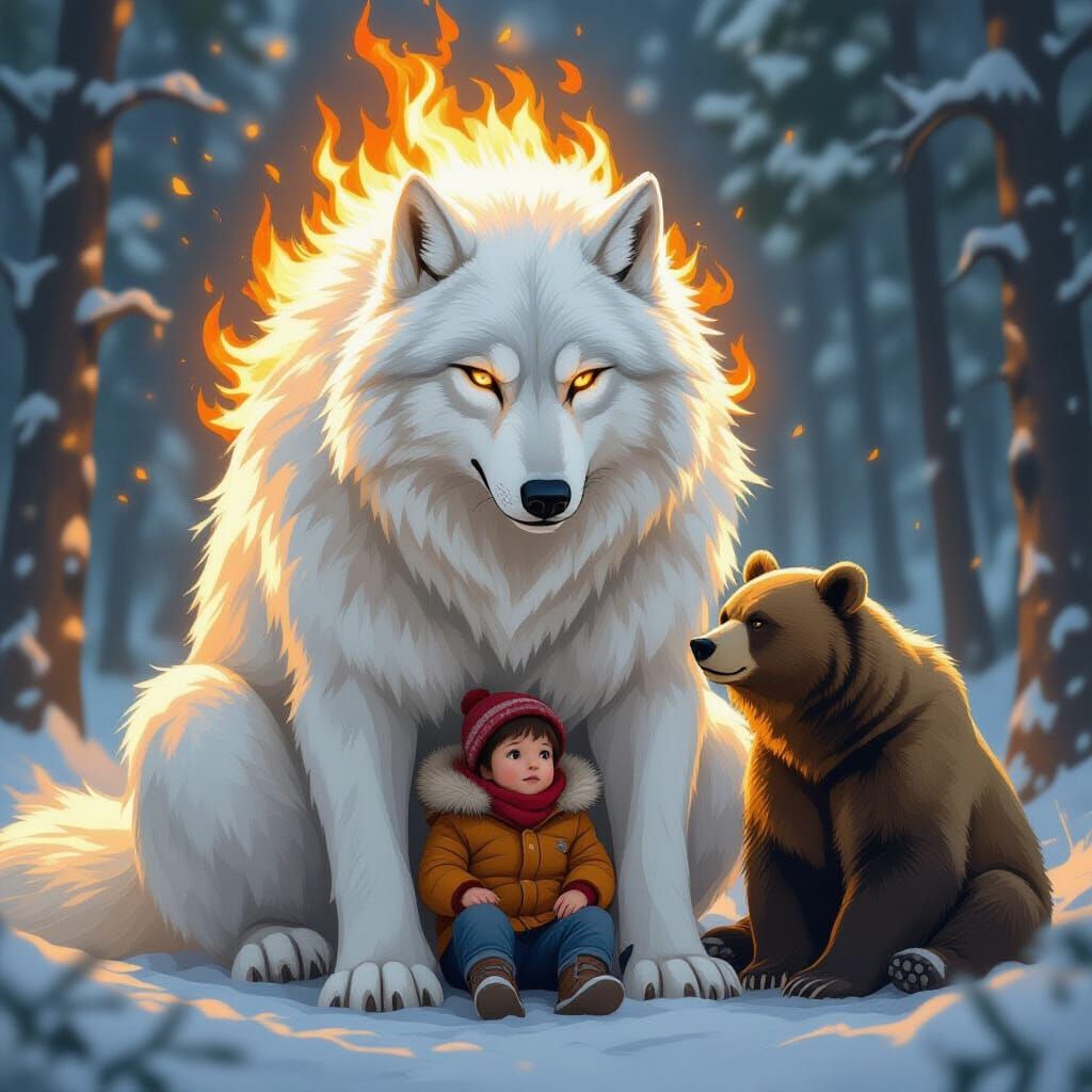 White Wolf Protects Child From Bear with Fiery Fur