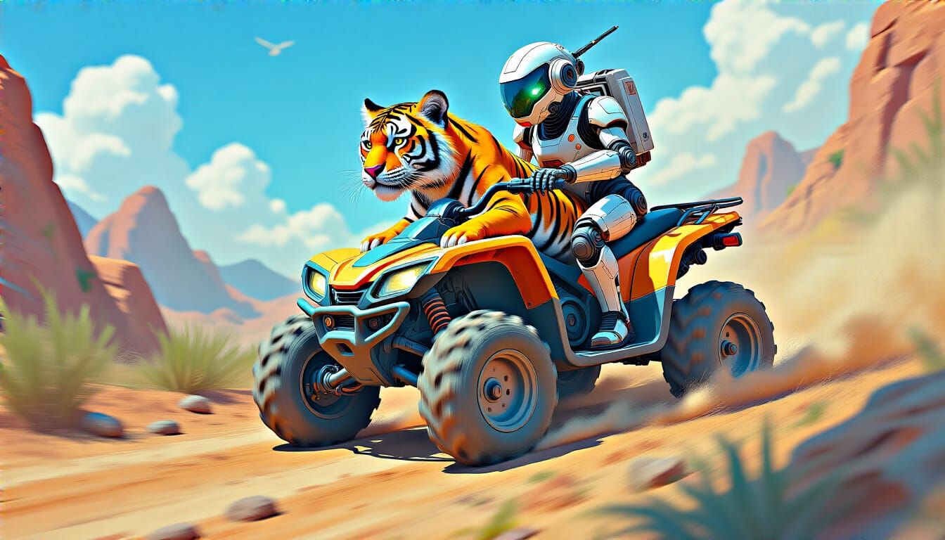 Tiger and Robot Racing ATV in Futuristic Rally