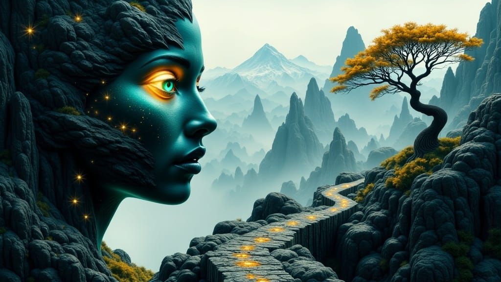 Surreal Portrait of a Woman in a Dreamlike Mountain Landscap...