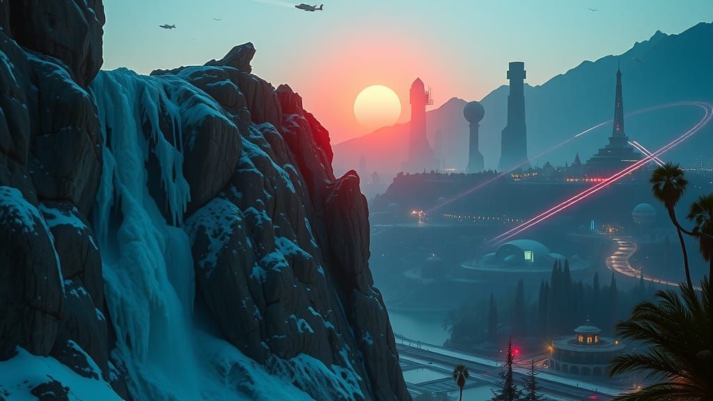 Alien Waterfall in Futuristic Cityscape at Dawn