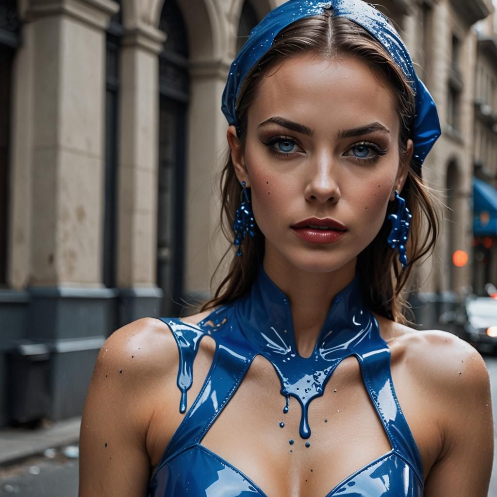 Stunning Portrait of Woman in Blue Latex, Splash Art