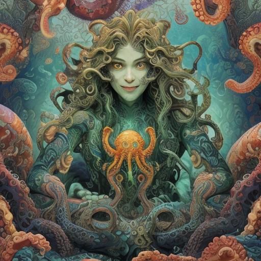 Humanoid Octopus Monster with Coral, Psychedelic Art