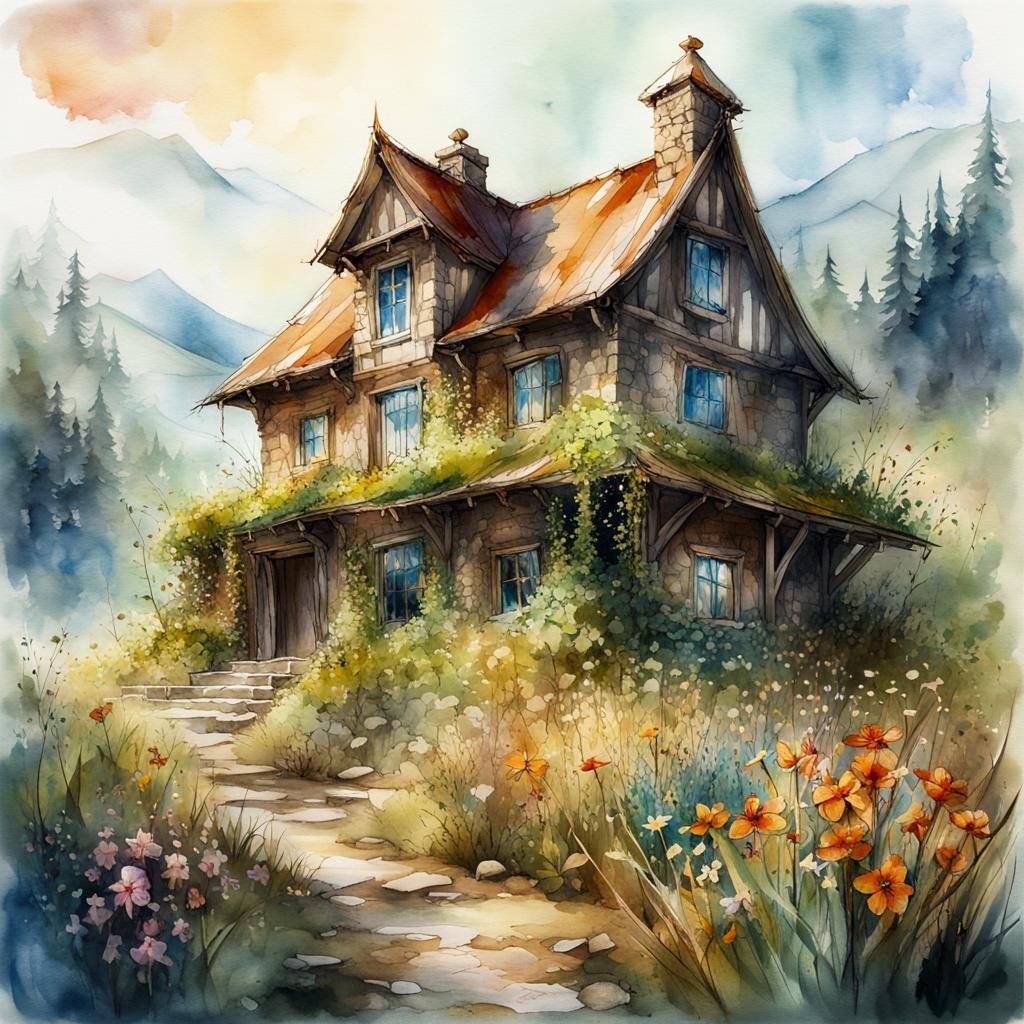 Fantasy Stone House in Flower Meadow: Watercolor Art