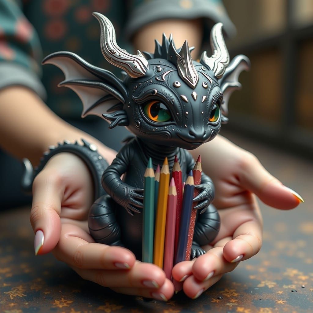 Black Dragon Protects Pencils in Photorealistic 3D