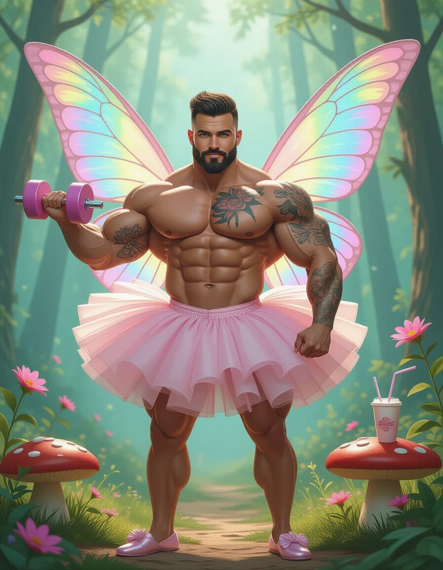 Hyper-Muscular Fairy Bodybuilder in Enchanted Forest