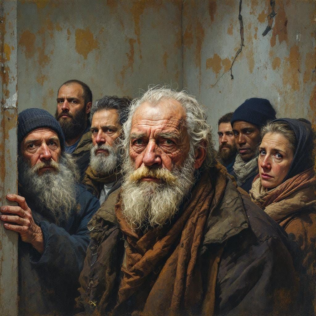 Homeless Shelter Scene as Impressionist Gouache Painting