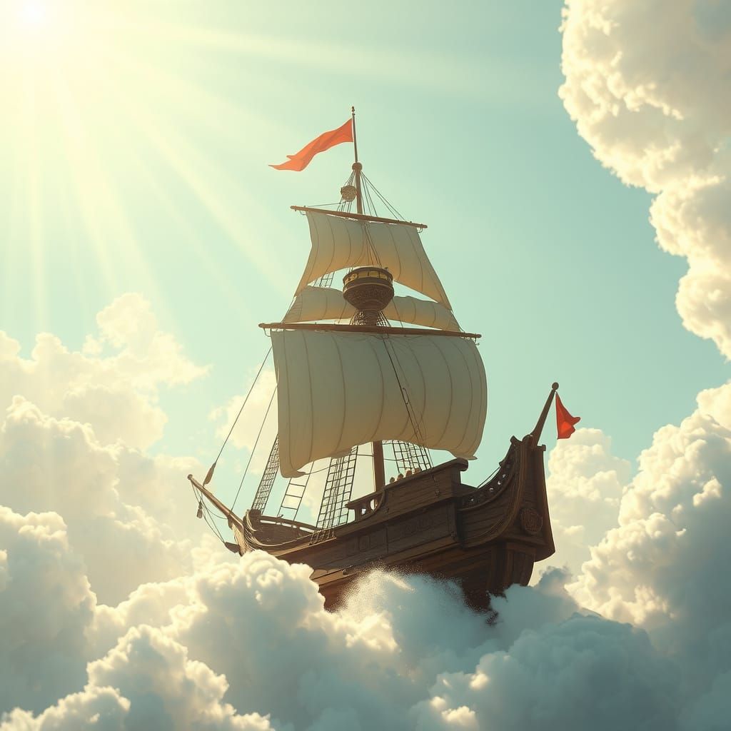Pirate Ship Soaring Through Clouds in Dreamy Style