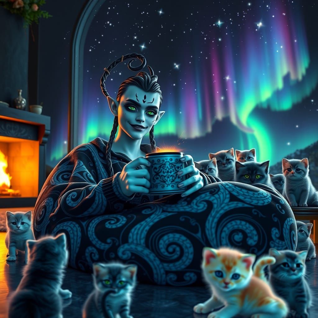 Cyberpunk Youth in Velvety Black Tendrils and Fleece