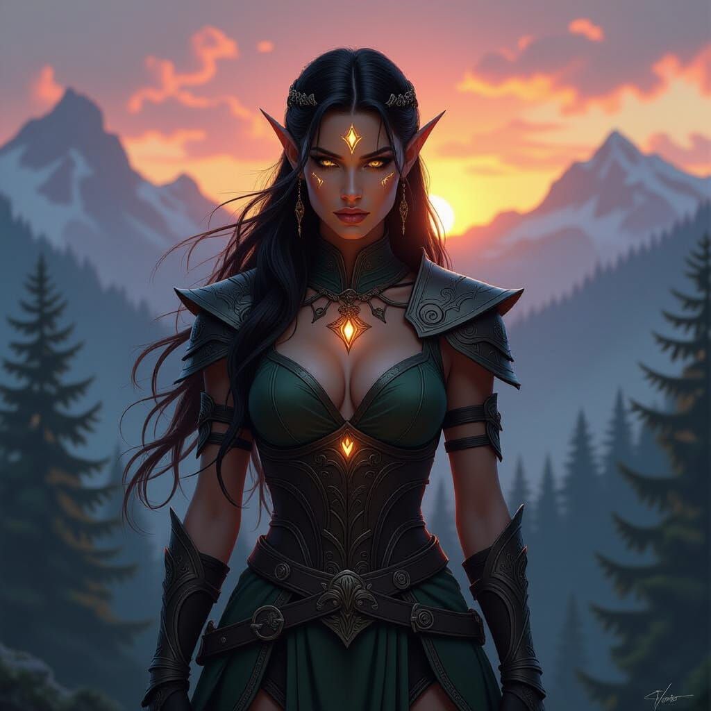 Elven Warrior Woman in Dramatic Sunset Forest