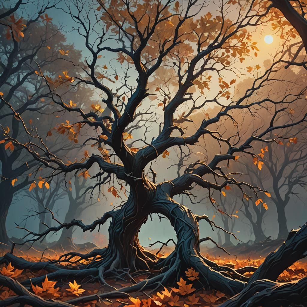 Withered Tree Bowing in Storm: Vibrant Oil Painting