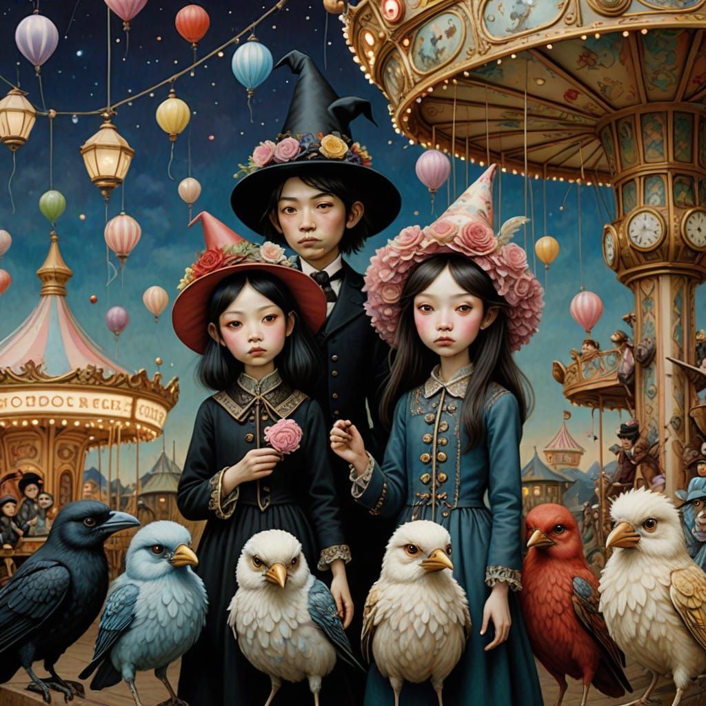 Vibrant Crows in Whimsical Wonderland Ride Merry-Go-Round
