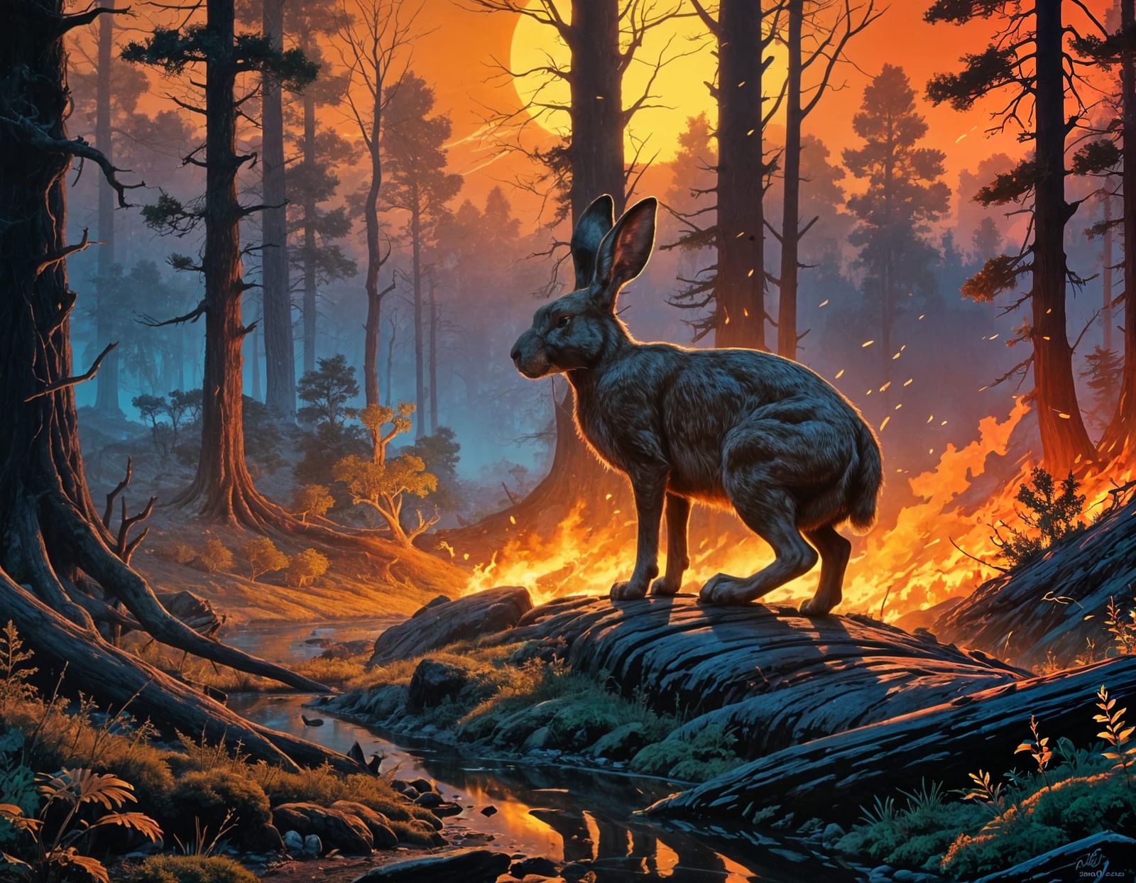 Surreal Hare Silhouette Amidst Burning Forest in Concept Art