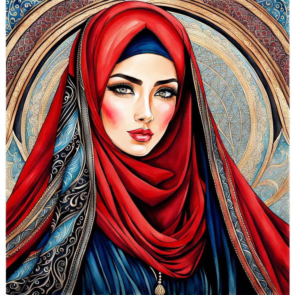 Arabic Woman in Hijab: Watercolor Ink Drawing