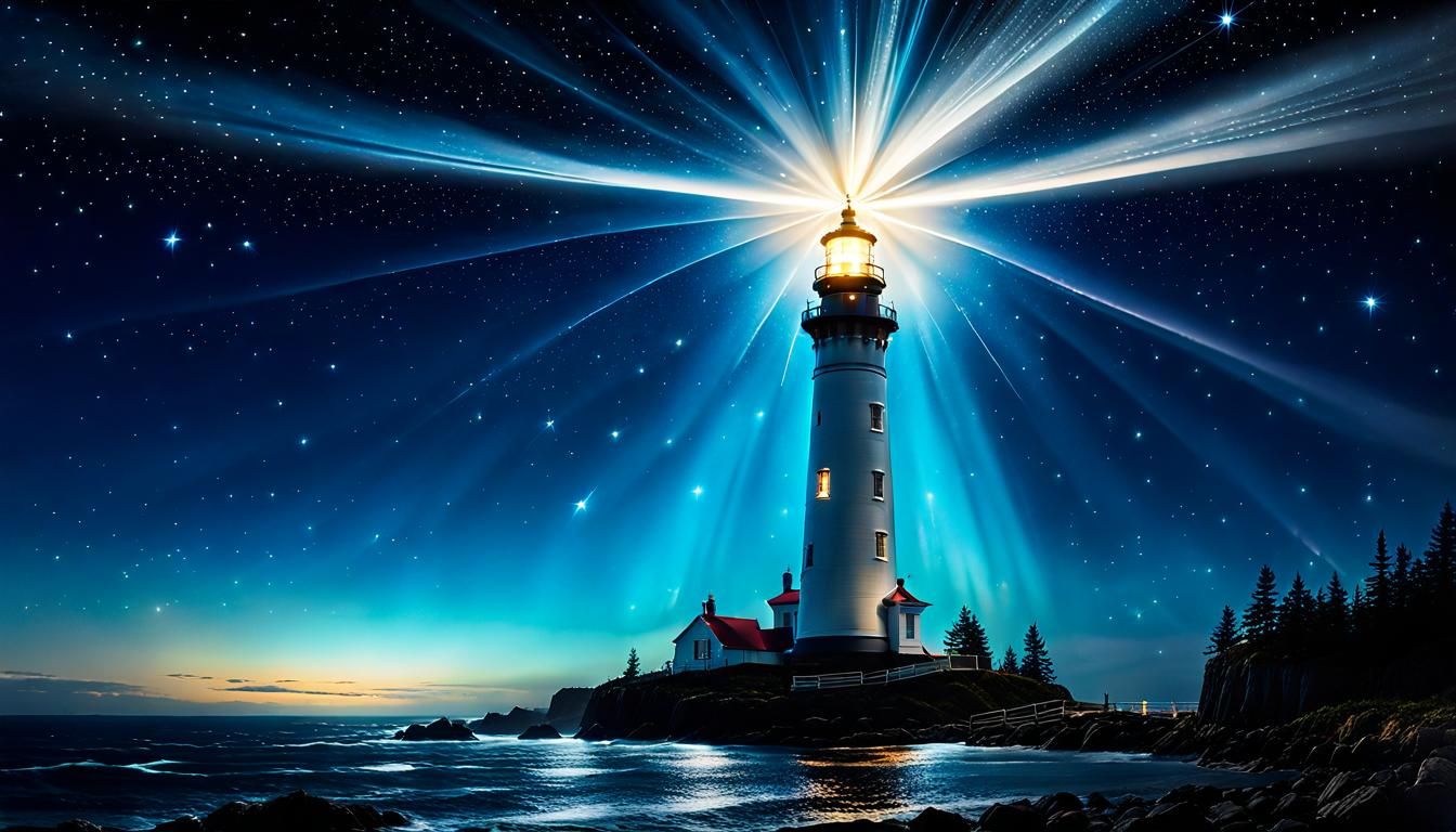 Majestic Lighthouse Under Starry Sky in Hyperrealism