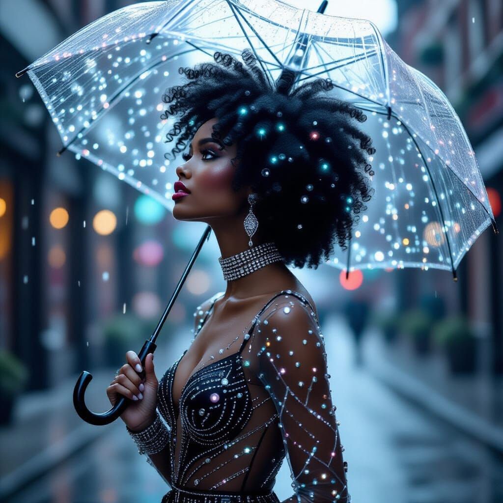 Afro-Punk Woman with Silver Hair in Neon Outline