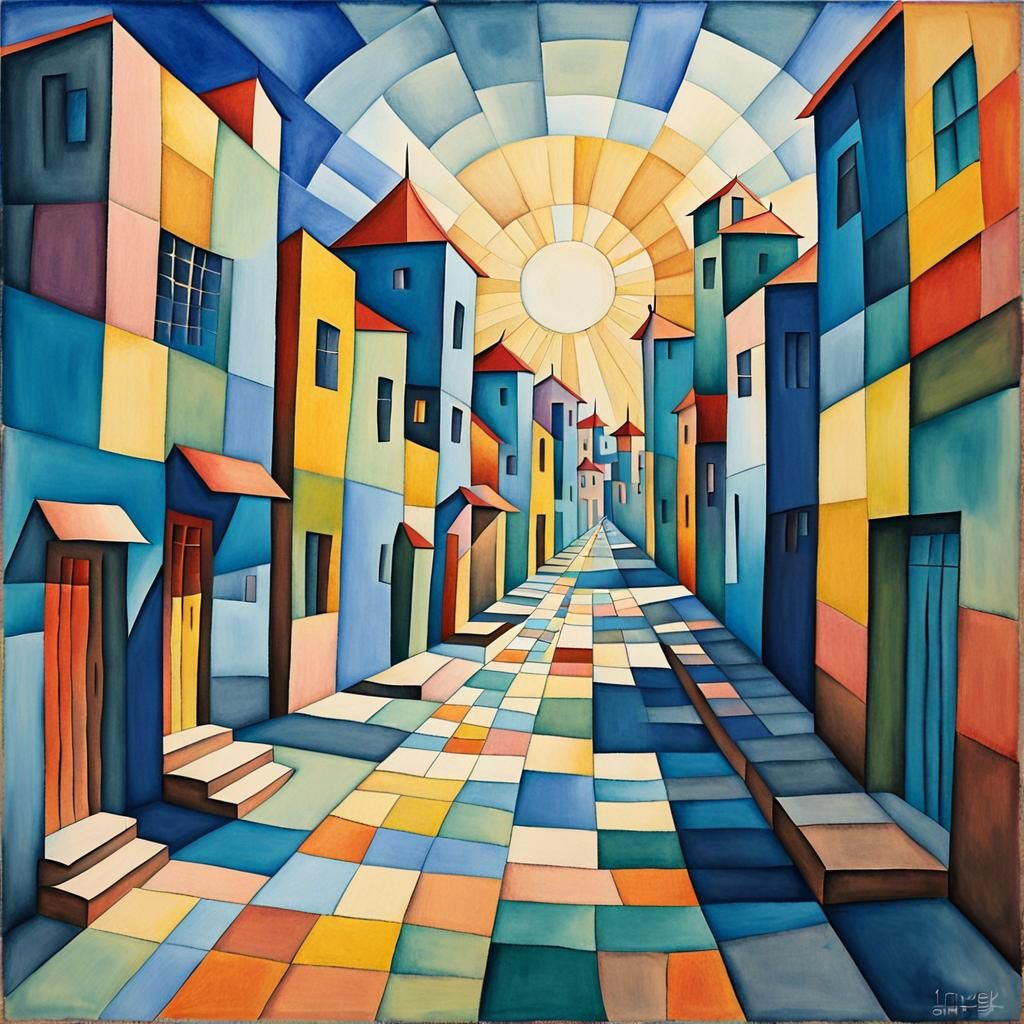 Street scene with squares & narrowing path