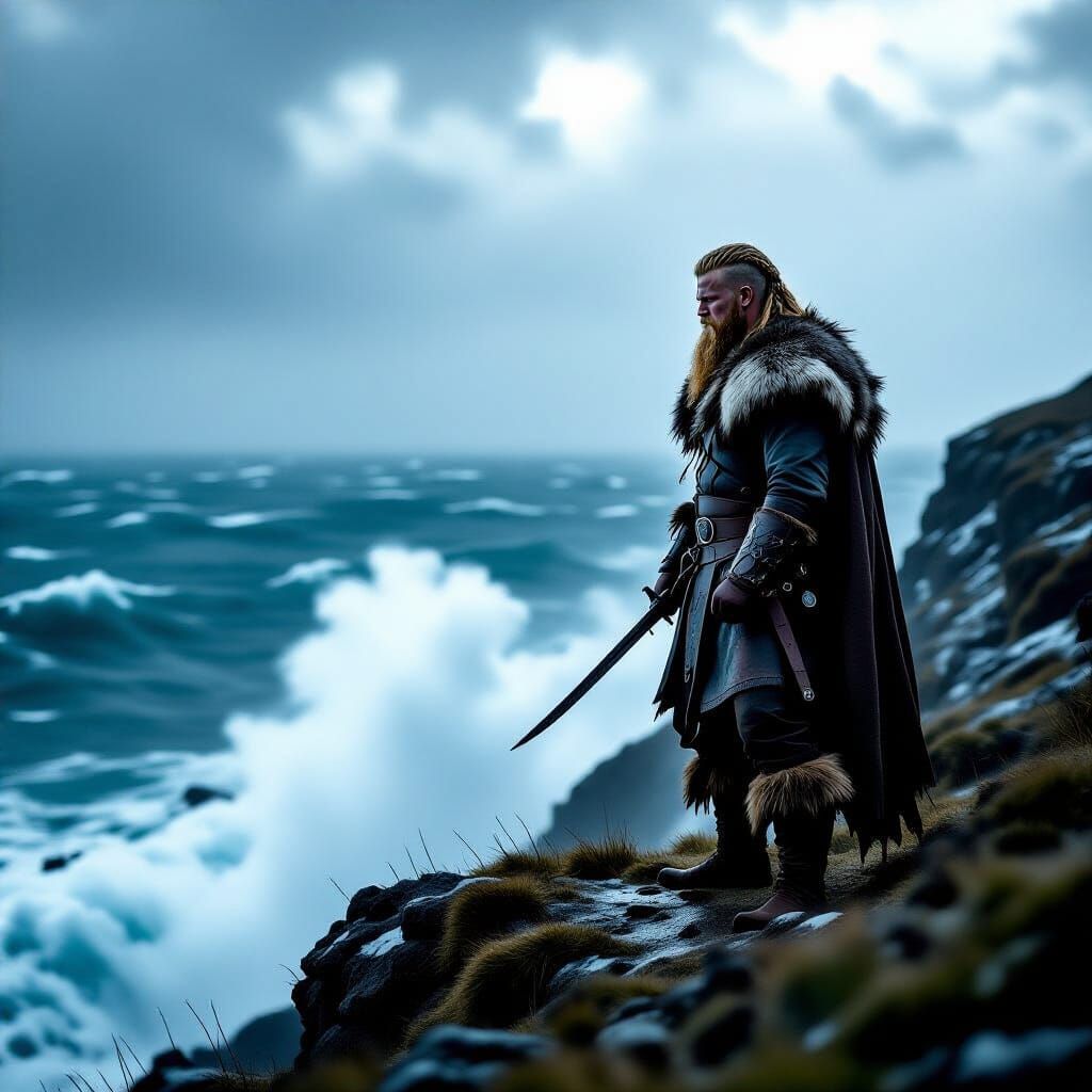 Viking on Cliff Overlooking Stormy Sea in Film Noir Style