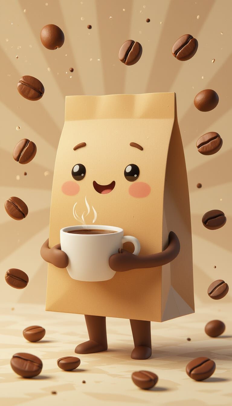Pixar-Style Coffee Bag Character with Animated Coffee Beans