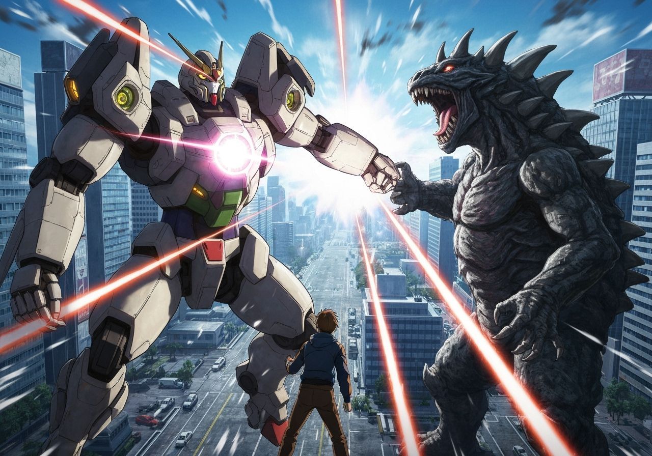 Giant Mecha Robot Battles Kaiju in City