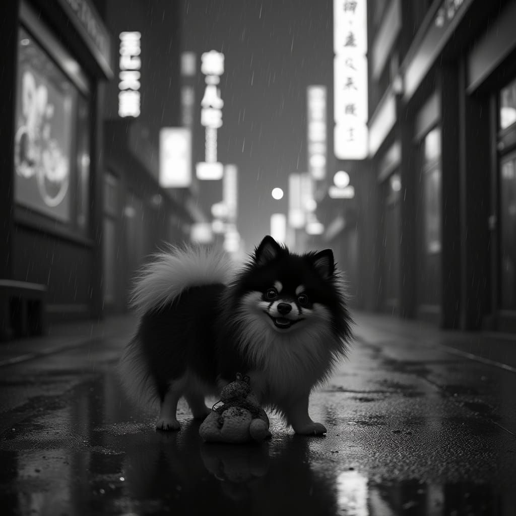 Grayscale Pomeranian in Futuristic Alleyway