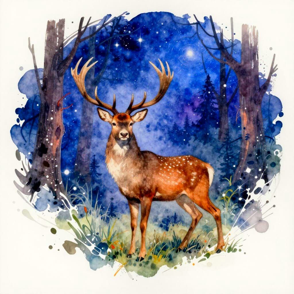 Celestial Stag in Starry Forest Watercolour