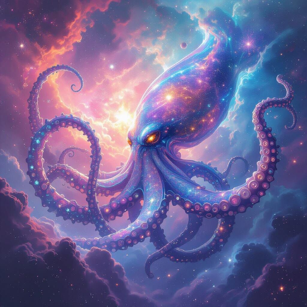Cosmic Kraken Emerges From Nebula, Digital Painting