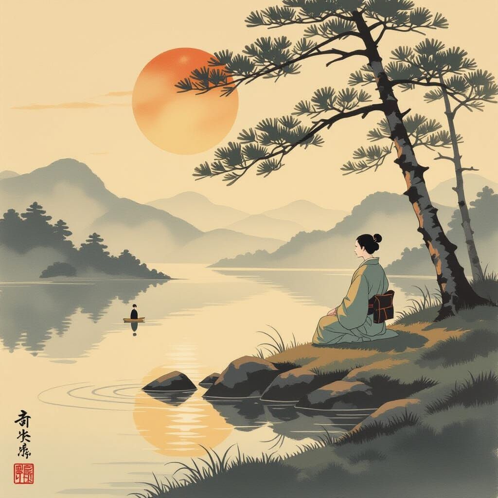 Serene Yamato-e Painting: Japanese Aesthetic Minimalism