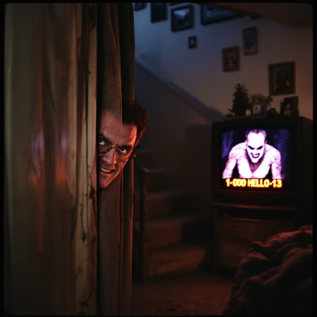 Retro Advertisement Still Frame with Menacing Figure