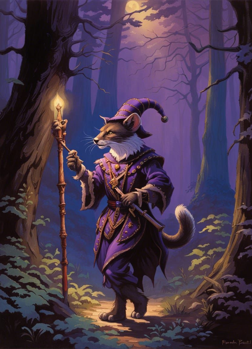 Weasel Jester in Forest, Dark Fantasy Art