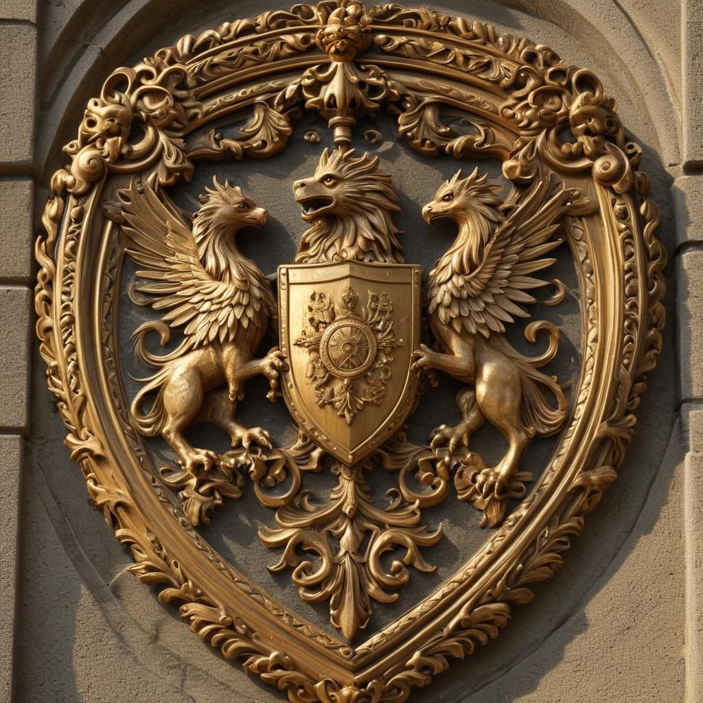 Ornate Heraldic Griffins Guard a Golden Shield