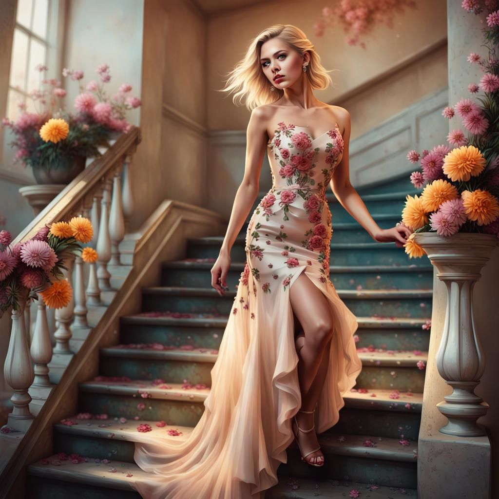 Blonde in Prom Dress: Hyperrealistic Splash Art