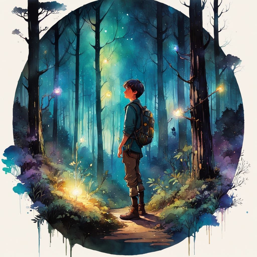 Boy in Forest with Floating Lights: Solarpunk Art