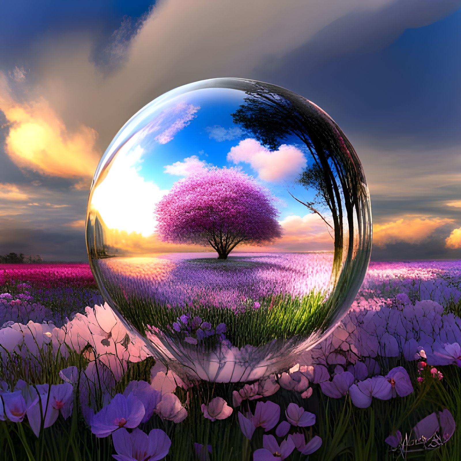 Radiant Glass Orb in Lush Flower Field