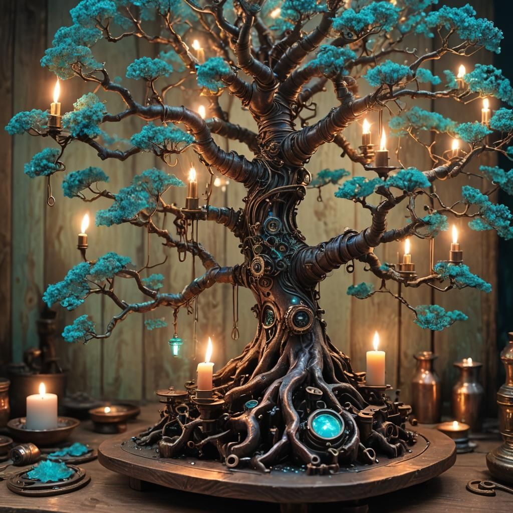 Steampunk Bonsai Tree with Mystical Glow