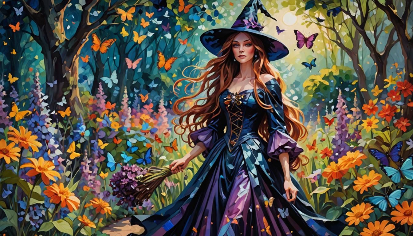 Beautiful Witch in Flower Garden, Impressionistic Style