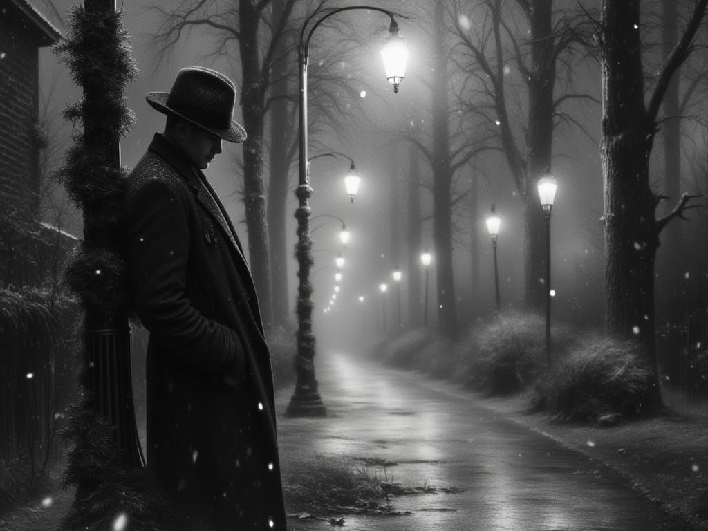 Noir Detective on Snowy Christmas Street